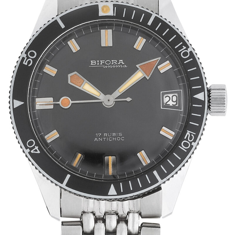 1 194k2 BIFORA "SKIN DIVER" Black Dial on Stainless Steel Bracelet