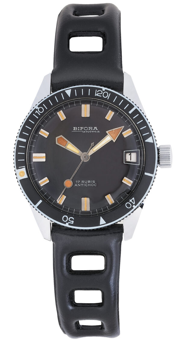 BIFORA "SKIN DIVER" Black Dial on Original "Tropic Sport" Rubber Bracelet