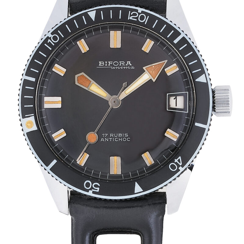 1194k BIFORA "SKIN DIVER" Black Dial on Original "Tropic Sport" Rubber Bracelet