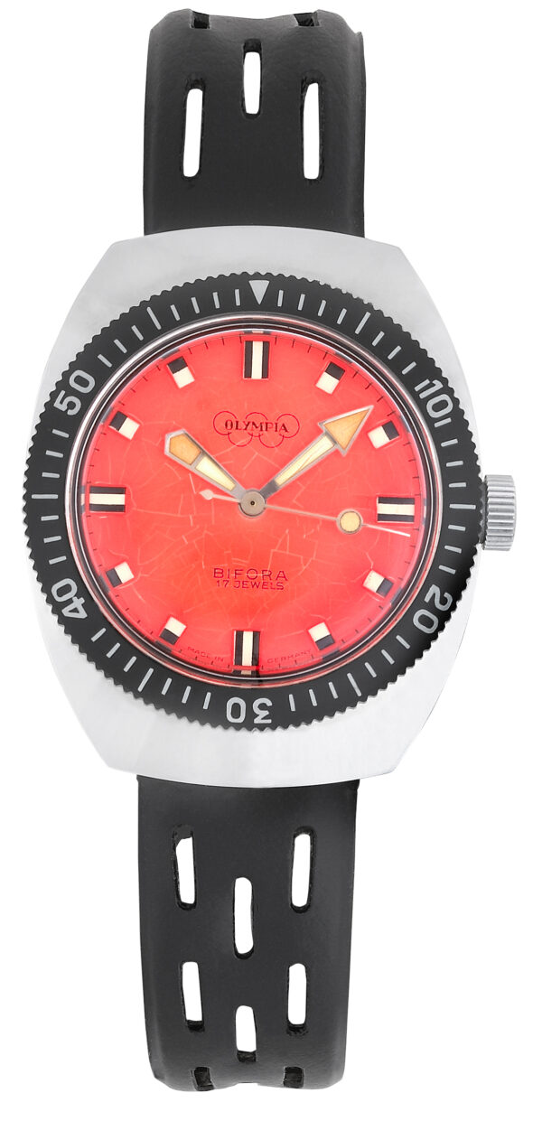 BIFORA "Olympia" Gents´Stainless Steel Wrist Watch with Red "Spider" Dial & Black Bezel on Special "Tropic" Strap