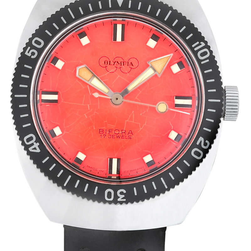 BIFORA "Olympia" Gents´Stainless Steel Wrist Watch with Red "Spider" Dial & Black Bezel on Special "Tropic" Strap