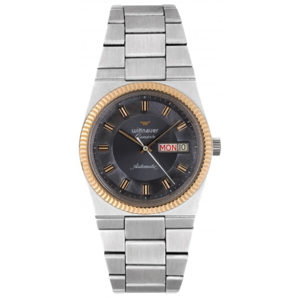 WITTNAUER "Genève" Stainless Steel Wristwatch with Gold Plated Fluted Bezel, Dark Grey "Pie Pan" Dial (W9691WB)