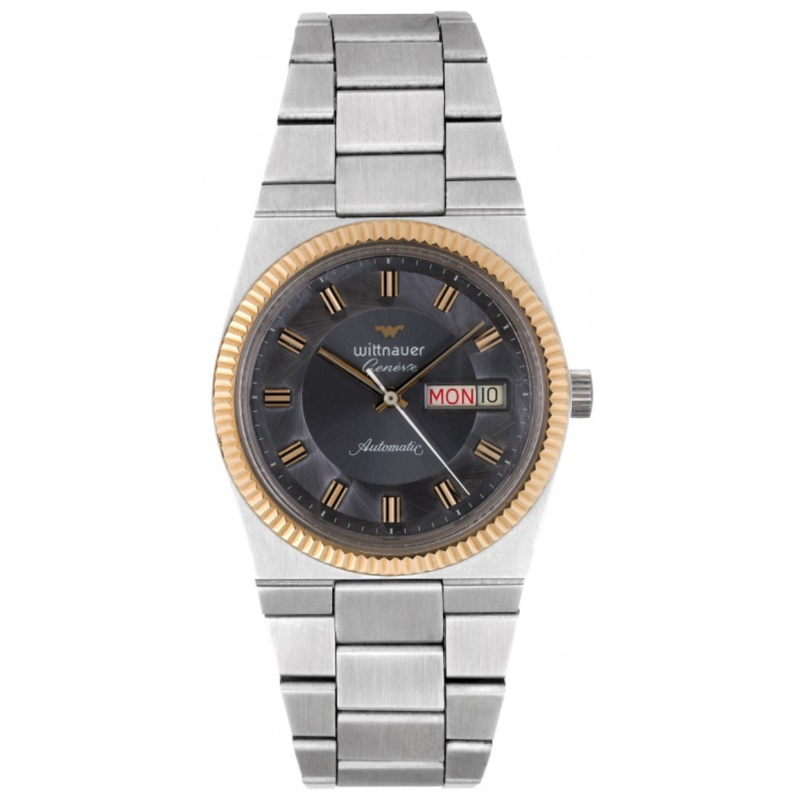 WITTNAUER "Genève" Stainless Steel Wristwatch with Gold Plated Fluted Bezel, Dark Grey "Pie Pan" Dial (W9691WB)