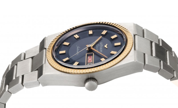 WITTNAUER "Genève" Stainless Steel Wristwatch with Gold Plated Fluted Bezel, Dark Grey "Pie Pan" Dial (W9691WB)