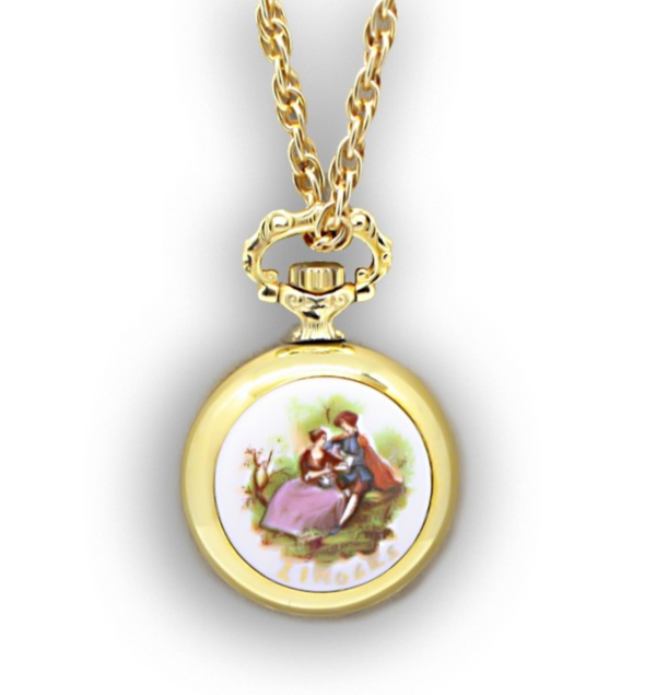 AIRIN Gold Plated Pocket Watch with White Dial and Enamel Case Back (A-148577)