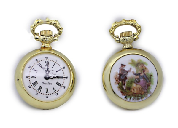 AIRIN Gold Plated Pocket Watch with White Dial and Enamel Case Back (A-148577)