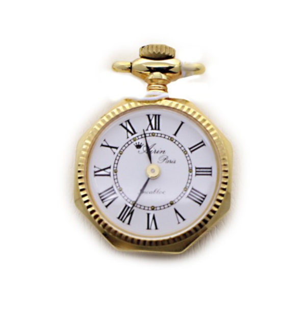 AIRIN Gold Plated Polygonal Pocket Watch with Fluted Bezel, White Dial and Engraved Case Back (A-148768)