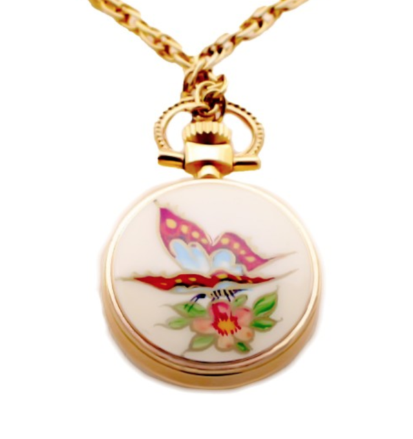AIRIN Gold Plated Pocket Watch with White Dial and Enamel Case Back (A-148800)