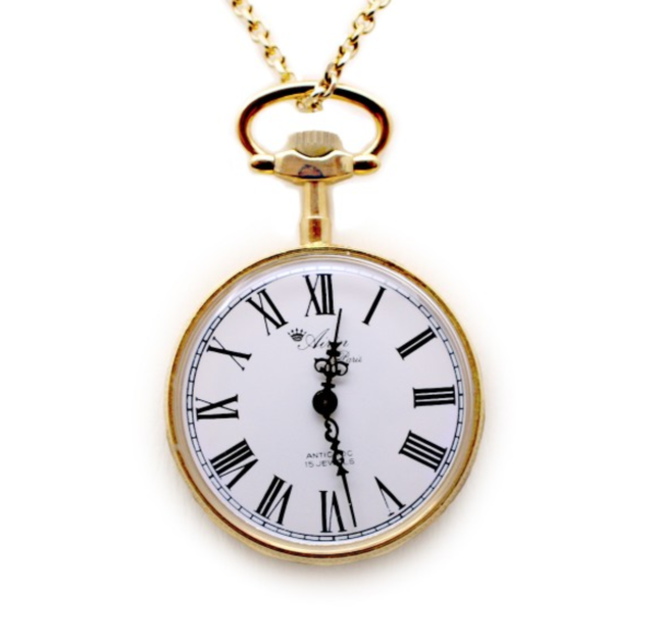 AIRIN Gold Plated Pocket Watch with White Dial, Roman Numerals and Enamel Case Back (A-331005)