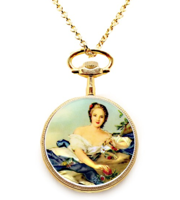 AIRIN Gold Plated Pocket Watch with White Dial, Roman Numerals and Enamel Case Back (A-331005)