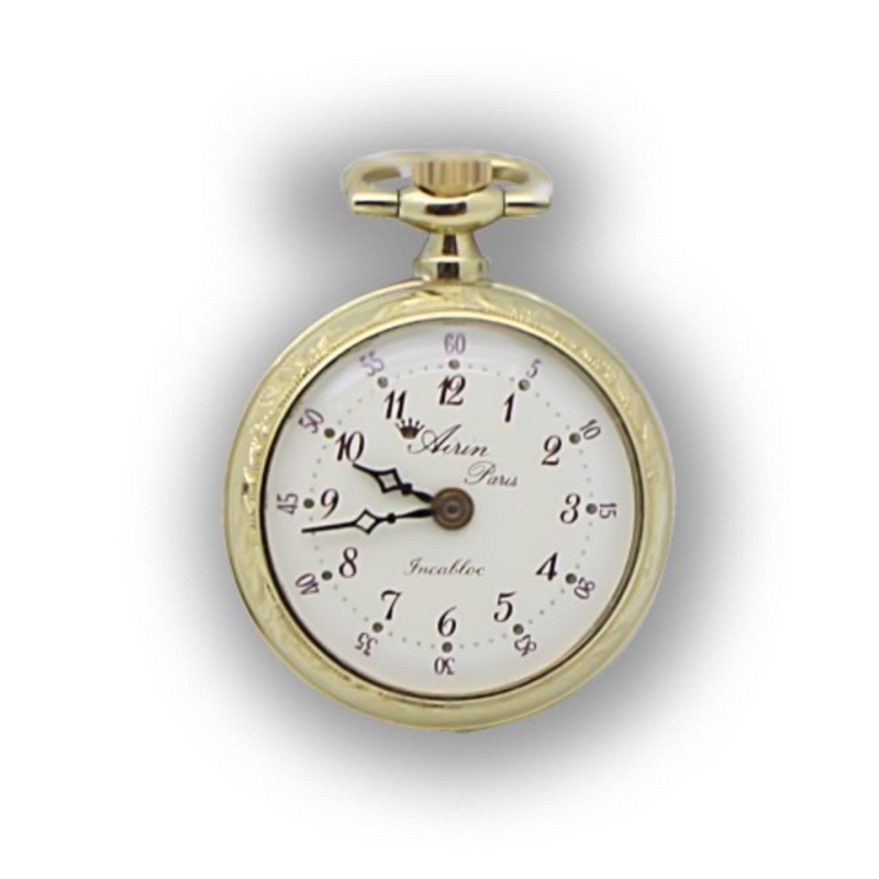 AIRIN Gold Plated Pocket Watch with White Dial, Arabic Numerals and Enamel Case Back (A-631640)
