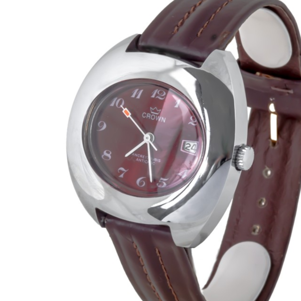 CROWN Oval Shaped Plated Wristwatch with Burgundy Dial (C630/5)