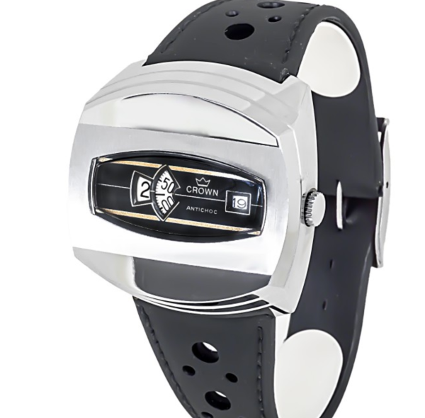 Screenshot 2025-07-24 at 12.26.32 CROWN Oval Shaped Plated Wristwatch with Black Dial and Rotating Discs Time Display (C632/3)