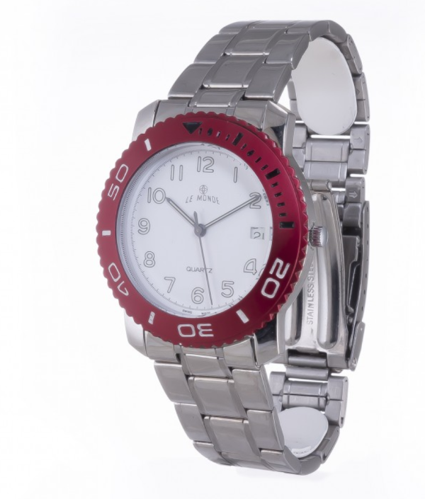 LE MONDE Divers´ Watch with White Dial and Burgundy Bezel with black & white markings (3199ACC/51)