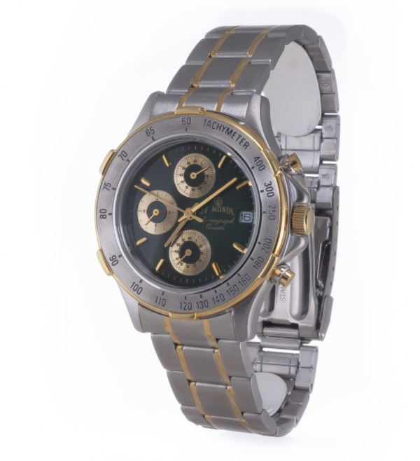 Screenshot 2025-07-24 at 23.39.08 LE MONDE Bicolor Divers´ Chronograph with Green Dial & Golden Accents and a Steel Bezel (5272BIC)