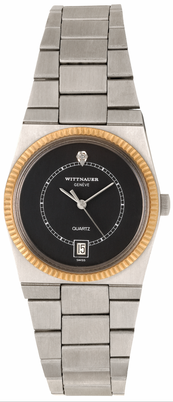 Screenshot 2025-10-07 at 13.57.17 WITTNAUER "Genève" Stainless Steel Wristwatch with Gold Plated Fluted Bezel, Black Dial with Chemin de Fer Minuterie and a Diamond (W9691WBID)