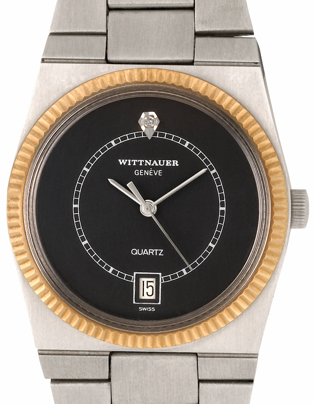 Screenshot 2025-10-07 at 13.57.17 WITTNAUER "Genève" Stainless Steel Wristwatch with Gold Plated Fluted Bezel, Black Dial with Chemin de Fer Minuterie and a Diamond (W9691WBID)
