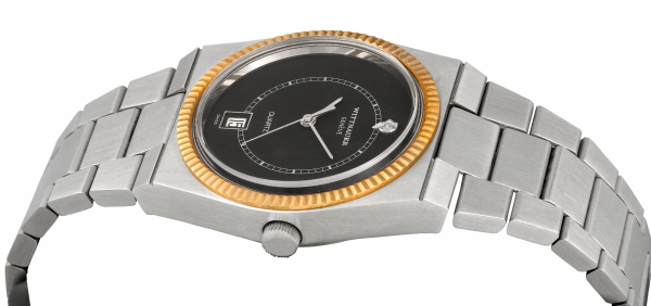 Screenshot 2025-10-07 at 13.57.26 WITTNAUER "Genève" Stainless Steel Wristwatch with Gold Plated Fluted Bezel, Black Dial with Chemin de Fer Minuterie and a Diamond (W9691WBID)
