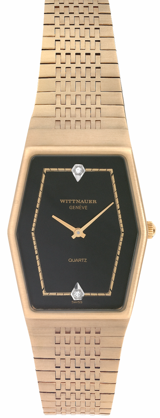 WITTNAUER "Genève" Polygonal Gold Plated Wristwatch with Black Dial and two Diamonds (W9801YBZD)