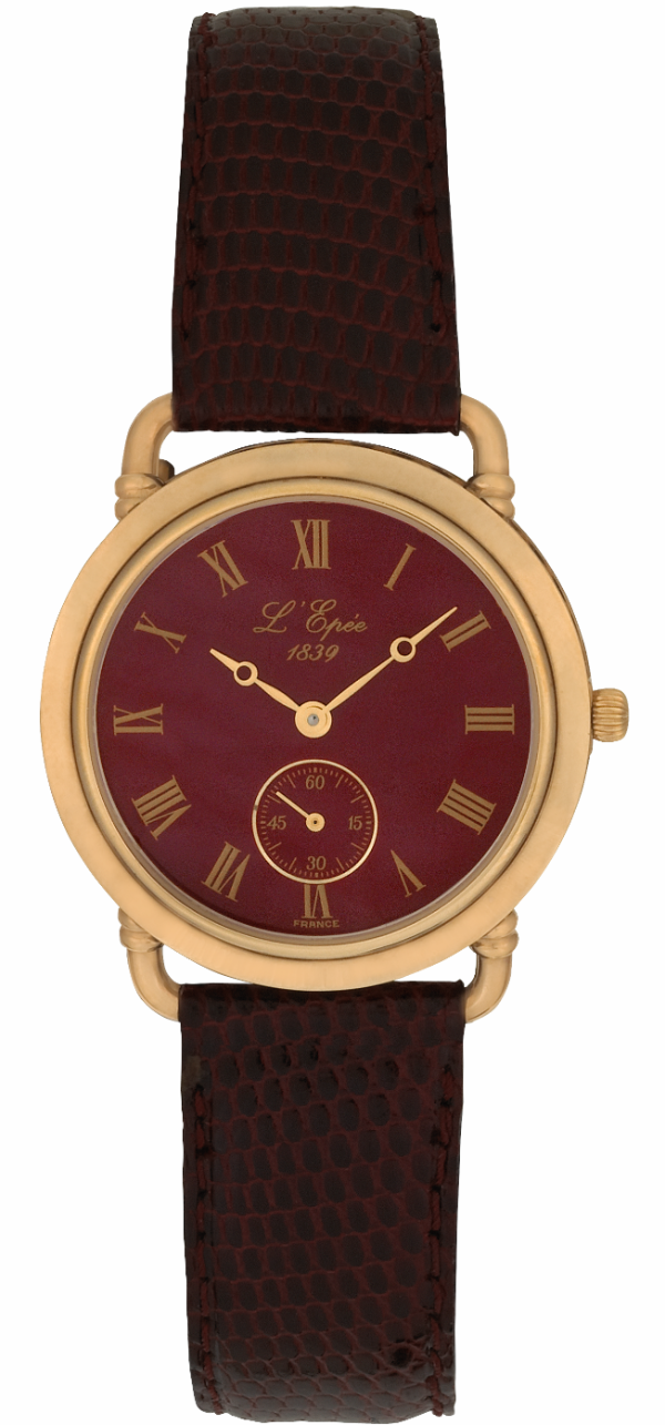 L'EPÉE Gents´ Gold Plated Wristwatch with Small Seconds, Deep Burgundy Dial and Roman Numerals