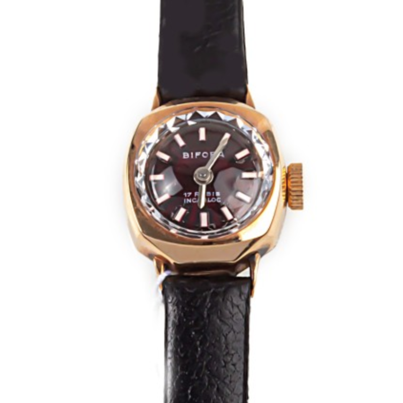 BIFORA Ladies´ Gold Plated Wristlet with Bordeaux Lacquered Dial & Faceted Crystal