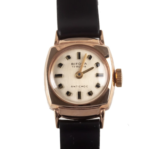 BIFORA Ladies´ Gold Plated Cushion-Shaped Wristlet with Silvered Dial & Applied Indices