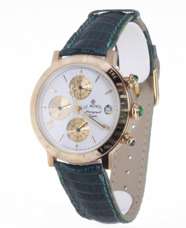 Screenshot 2025-09-29 at 12.52.39 LE MONDE Women´s Chronograph with White Dial with gilt sub-dials, Green Leather Starp & Cabochons on Crown & Pushers (5278/71GR)