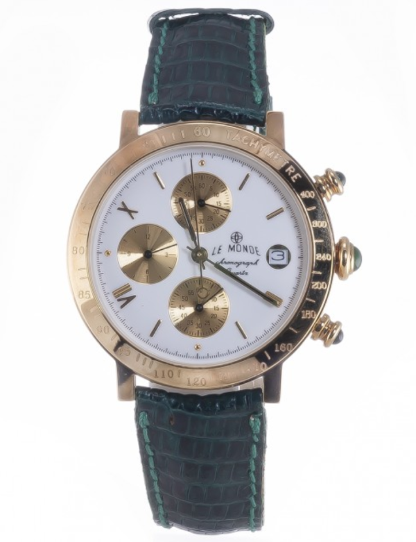 Screenshot 2025-09-29 at 12.52.49 LE MONDE Women´s Chronograph with White Dial with gilt sub-dials, Green Leather Starp & Cabochons on Crown & Pushers (5278/71GR)