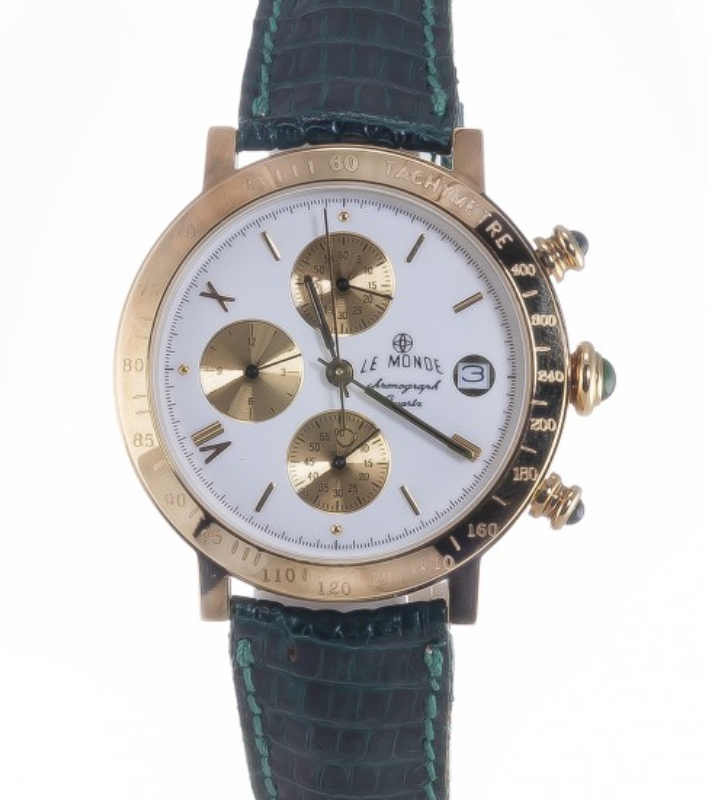 Screenshot 2025-09-29 at 12.52.49 LE MONDE Women´s Chronograph with White Dial with gilt sub-dials, Green Leather Starp & Cabochons on Crown & Pushers (5278/71GR)