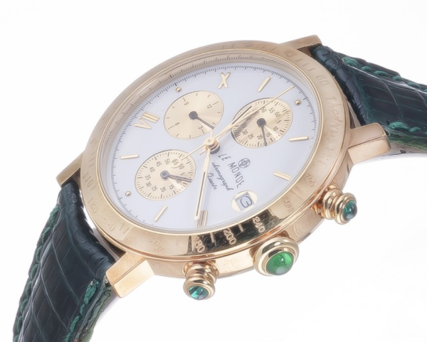 Screenshot 2025-09-29 at 12.52.57 LE MONDE Women´s Chronograph with White Dial with gilt sub-dials, Green Leather Starp & Cabochons on Crown & Pushers (5278/71GR)