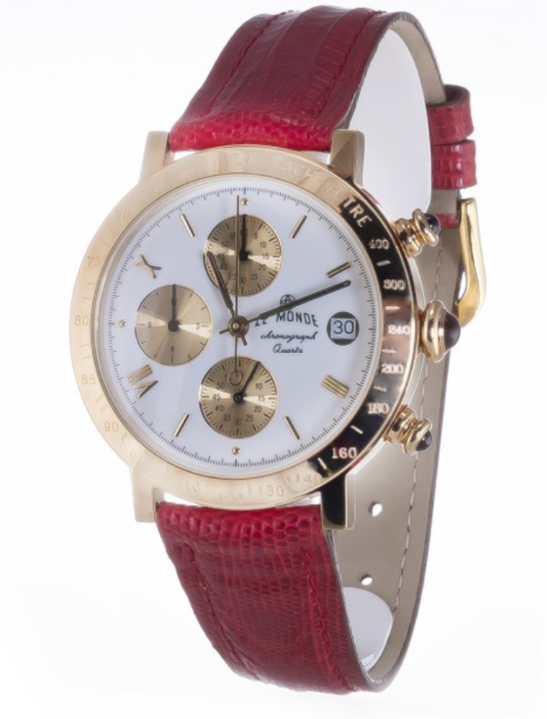 LE MONDE Women´s Chronograph with White Dial with gilt sub-dials, Red Leather Strap & Cabochons on Crown & Pushers (5278/71R)