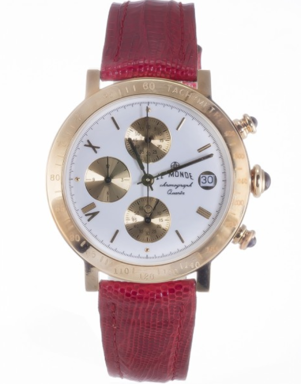 LE MONDE Women´s Chronograph with White Dial with gilt sub-dials, Red Leather Strap & Cabochons on Crown & Pushers (5278/71R)