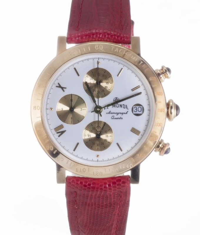 Screenshot 2025-09-29 at 12.57.34 LE MONDE Women´s Chronograph with White Dial with gilt sub-dials, Red Leather Strap & Cabochons on Crown & Pushers (5278/71R)