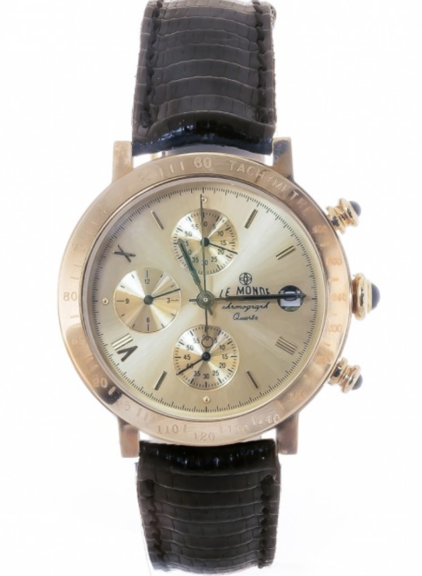 Screenshot 2025-09-29 at 13.00.06 LE MONDE Women´s Chronograph with Gilt Dial, Black Leather Strap & Cabochons on Crown & Pushers (5278/77)