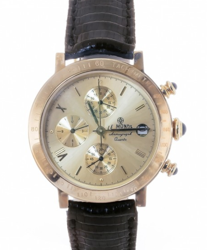 Screenshot 2025-09-29 at 13.00.06 LE MONDE Women´s Chronograph with Gilt Dial, Black Leather Strap & Cabochons on Crown & Pushers (5278/77)
