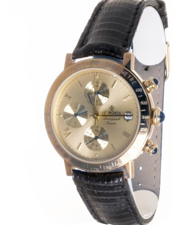 Screenshot 2025-09-29 at 13.00.16 LE MONDE Women´s Chronograph with Gilt Dial, Black Leather Strap & Cabochons on Crown & Pushers (5278/77)