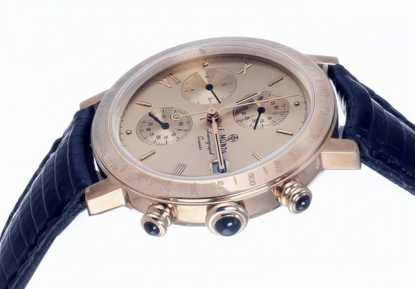 Screenshot 2025-09-29 at 13.00.22 LE MONDE Women´s Chronograph with Gilt Dial, Black Leather Strap & Cabochons on Crown & Pushers (5278/77)