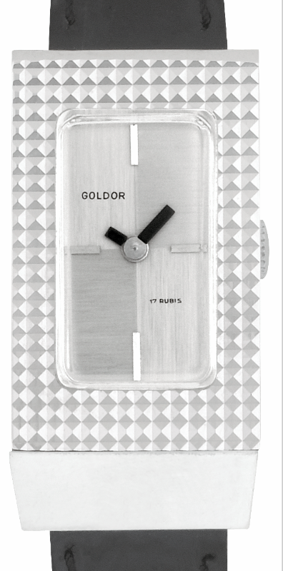 Screenshot 2025-10-01 at 10.10.29 GOLDOR 1970s Ladies´ "Baguette" Wristwatch with "Clous de Paris" Case & Silver Sector Dial