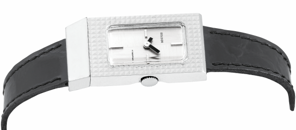 GOLDOR 1970s Ladies´ "Baguette" Wristwatch with "Clous de Paris" Case & Silver Sector Dial