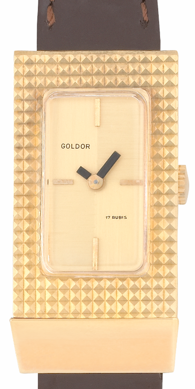 Screenshot 2025-10-01 at 10.11.36 GOLDOR 1970s Ladies´ "Baguette" Wristwatch with "Clous de Paris" Gold-Plated Case & Gilt Sector Dial