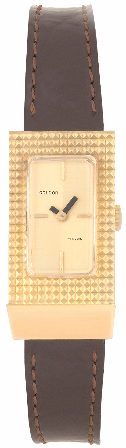 Screenshot 2025-10-01 at 10.11.36 GOLDOR 1970s Ladies´ "Baguette" Wristwatch with "Clous de Paris" Gold-Plated Case & Gilt Sector Dial