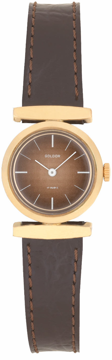 GOLDOR 1970s Ladies´ Gold-Plated Oval Wristwatch with Hooded Lugs and Brown Dial