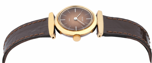 GOLDOR 1970s Ladies´ Gold-Plated Oval Wristwatch with Hooded Lugs and Brown Dial