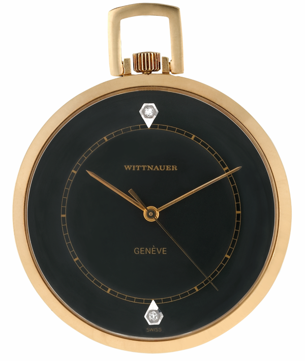 Screenshot 2025-10-01 at 11.26.11 WITTNAUER "Genève" Rare Gold-Plated Pocket Watch with Black Dial, "Chemin de Fer" minute track & Two Diamonds