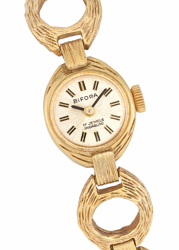 BIFORA Ladies´ Wristlet with Textured Case and Gilt Textured Dial