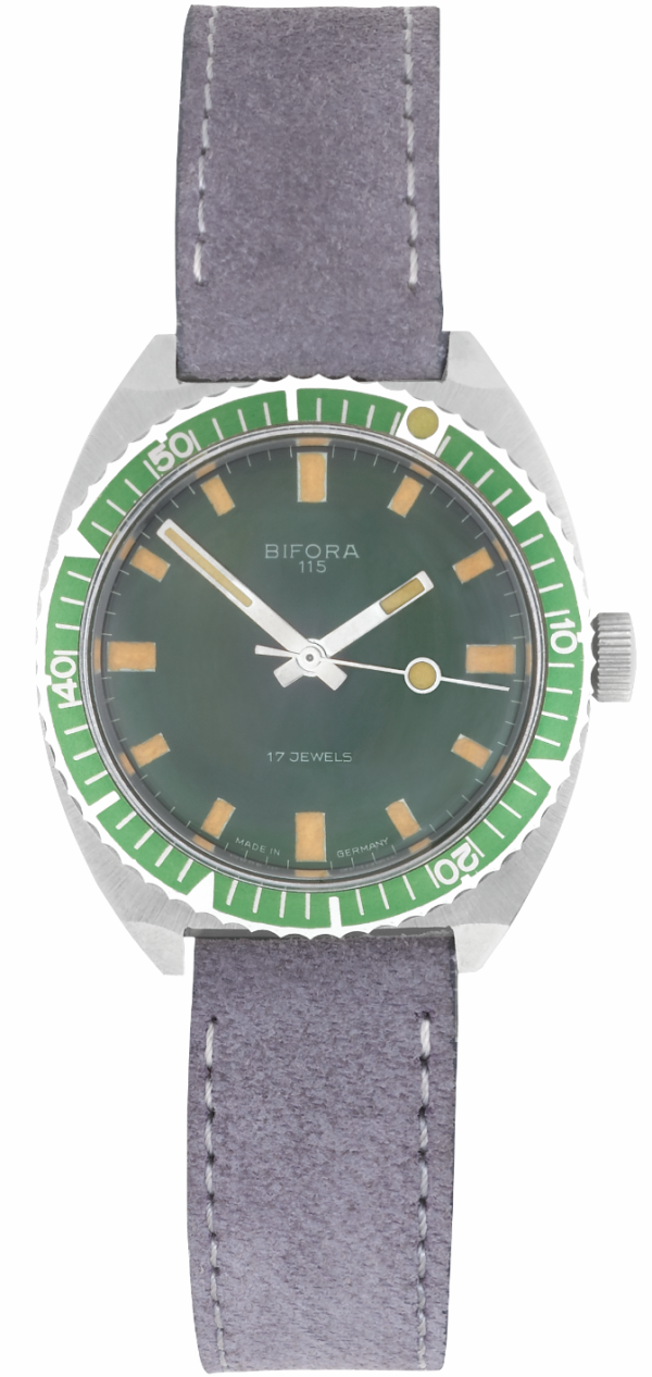 BIFORA Gents´Stainless Steel Divers´ Watch with Green Dial & Bezel on Suede Leather Strap
