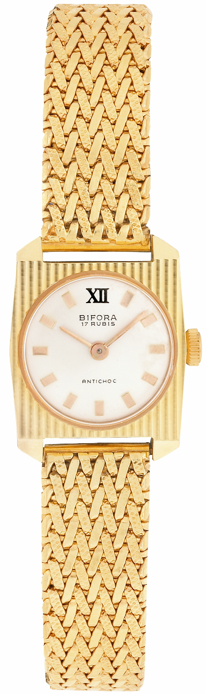 BIFORA Ladies´ Gold Plated Wrist Watch with Vertically Line-Engraved Case & Light Gilt-Colored Dial