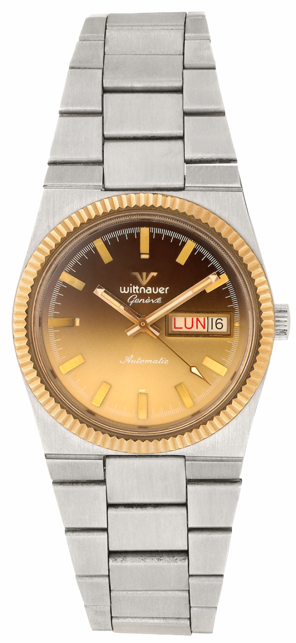 WITTNAUER "Genève" Gents´Steel Wristwatch with Gold Plated Fluted Bezel and Graduated Brown Dial