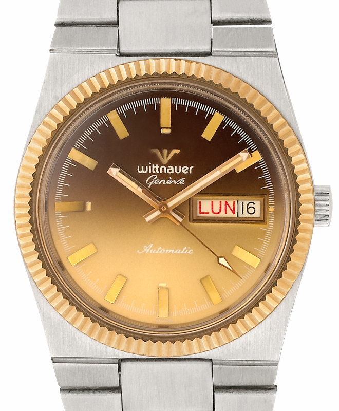 Screenshot 2025-10-01 at 14.33.39 WITTNAUER "Genève" Gents´Steel Wristwatch with Gold Plated Fluted Bezel and Graduated Brown Dial
