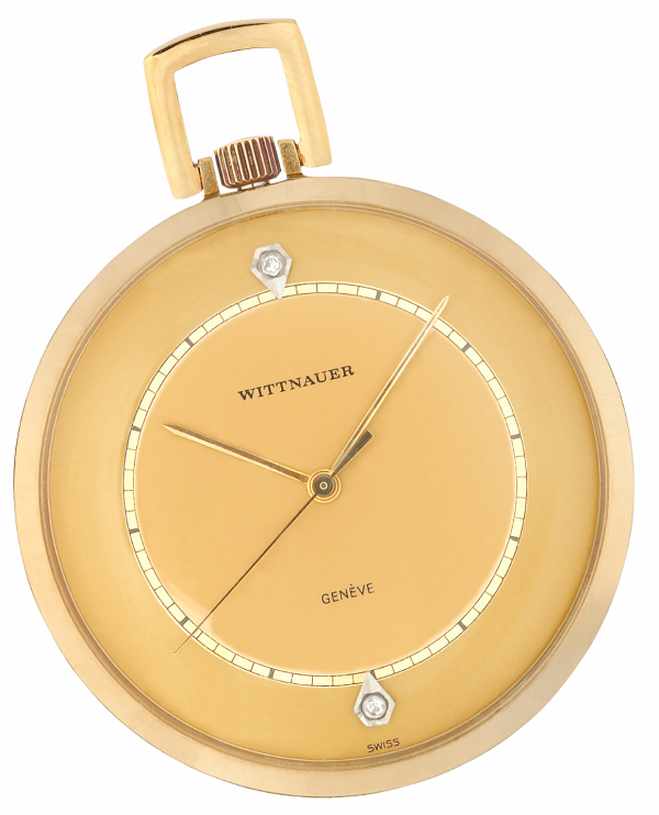 WITTNAUER "Genève" Rare Gold-Plated Pocket Watch with Gilt Dial, Chemin de Fer minuterie & two diamonds